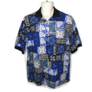 Kolekole Hawaiian Polo Shirt M Blue Tapa Block Print Vintage Hawaii Cruise Aloha